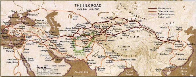 Mapa de la Gran Ruta de la Seda. Originalmente un camino comercial entre Europa y Asia que, a través de los años, se acabó convirtiendo en una red de caminos, entre ellos uno que atravesaba el Cáucaso.